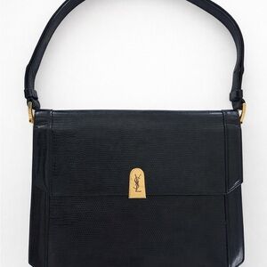 Vintage Yves Saint Laurent Black Lizard-Embossed Flap Shoulder Bag